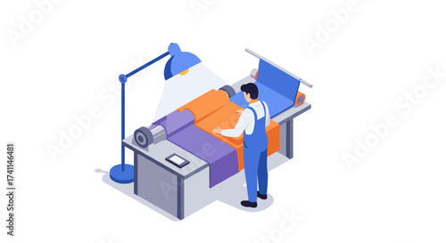Garment manufacturing process in factory workshop with worker and sewing equipment
