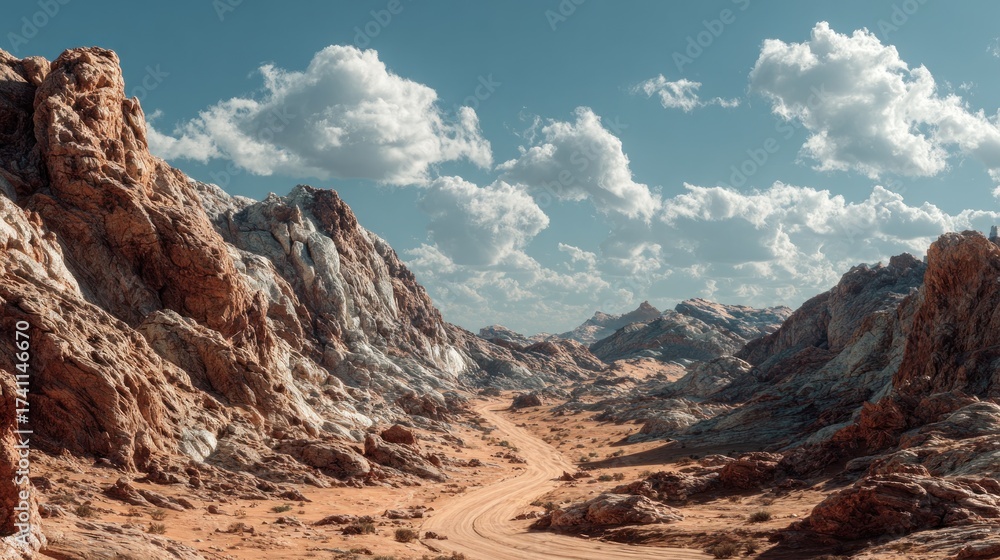 Naklejka premium Serene arid canyon landscape with a path and dramatic cloudy sky view