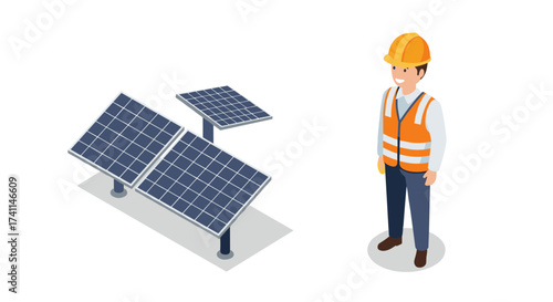 Isometric solar panel setup with engineer in safety gear on white background