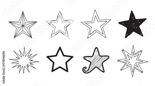 Collection of eight hand drawn star shapes isolated on a for design elements vector