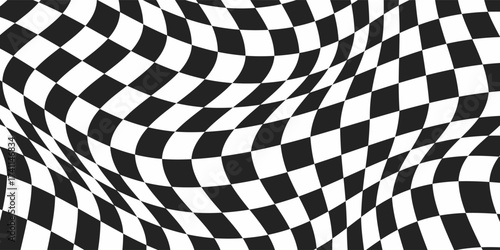 Psychedelic optical background. Abstract chess square illusion. Wavy surface checkered pattern with geometric graphic. Checkerboard warped print. Y2k design for banner.eps 10