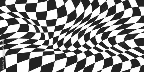 Psychedelic optical background. Abstract chess square illusion. Wavy surface checkered pattern with geometric graphic. Checkerboard warped print. Y2k design for banner.eps 10