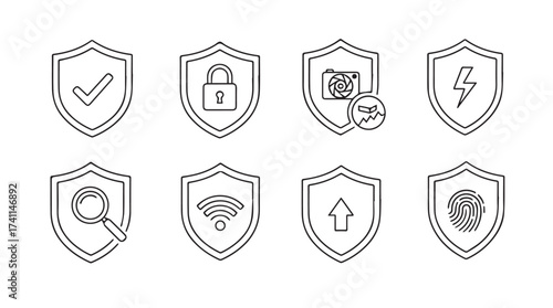 Collection of security and protection shields with digital icons for cybersecurity concepts vector