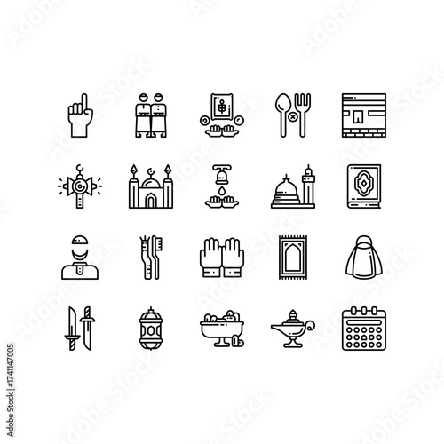 Islamic outline icon set. Islam black line icon set.