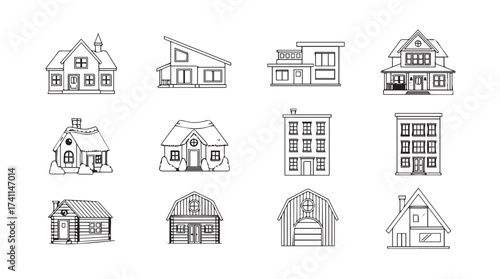 Collection of architectural house sketches featuring diverse building styles and home designs vector
