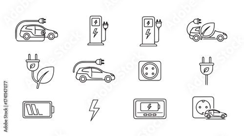 Electric car charging icons set ev stations power plugs and batteries clean energy transportation symbols vector