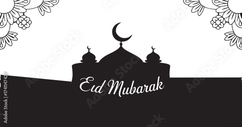 Eid mubarak silhouette with mosque and floral art