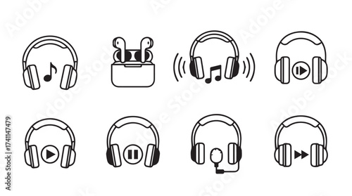 Set of eight hand-drawn music headphones icons for audio and sound related media concepts vector