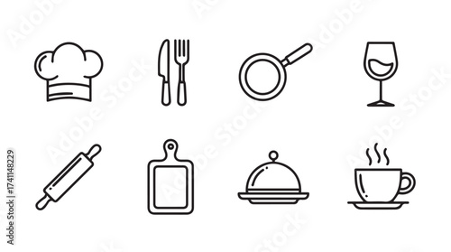 Set of eight hand-drawn kitchen and food icons representing cooking and dining essentials vector