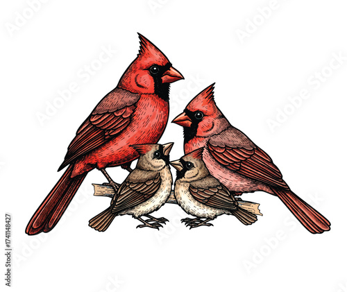 Charming hand-drawn style Northern Cardinal family, male, female, and two chicks, perched on a branch. Color vector. Birds.