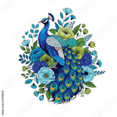 Stunning, colorful Peacock with an elaborate tail, surrounded by beautiful blue and green flowers. Artistic vector. Bird.