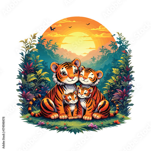 Cute cartoon Tiger family (parents and two cubs) sitting happily in a vibrant, colorful jungle sunset scene. Wild Animals.