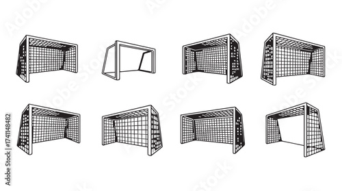 Collection of hand-drawn soccer goal line art sketches for sports and fitness projects vector