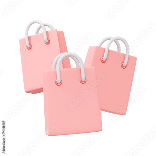 3D render of three pink shopping bags with white handles isolated on white background