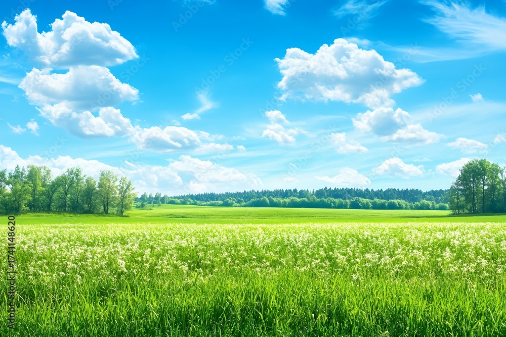 Obraz premium Lush green meadow with white flowers under stunning blue sky