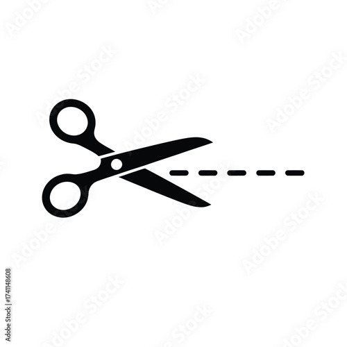 Black icon of scissors cutting a dashed line on white background