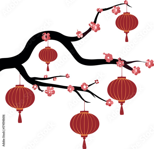  Lantern hanging from cherry blossom tree branch in soft springtime light