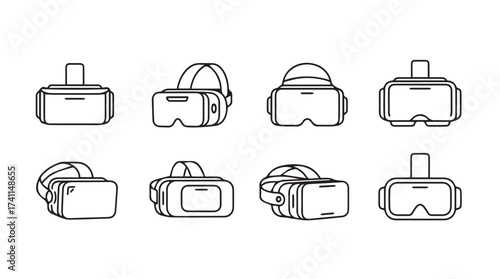 Collection of virtual reality headsets hand drawn style different angles modern technology concept vector