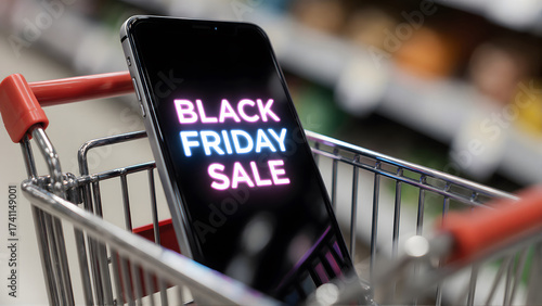 Close-up of a smartphone in a shopping cart with the screen displaying the Black Friday Sale