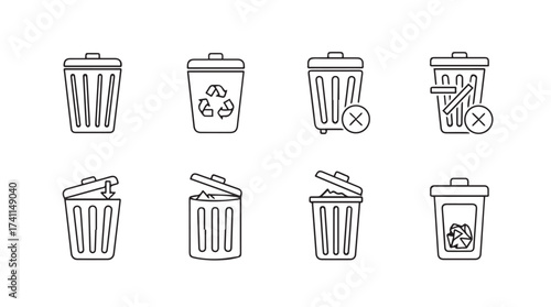 Collection of simple outline trash can icons various styles including recycling symbol and waste vector