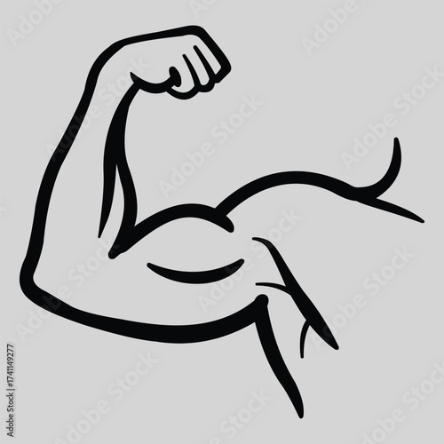 Creative design vector art of a stylized black and white illustration of a flexed arm showing bulging biceps and triceps, symbolizing strength and fitness