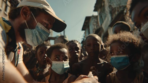 Wallpaper Mural A group supports children in a vibrant urban neighborhood with essential items Torontodigital.ca