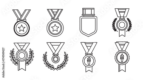Set of award medals and ribbons icons outline symbols for achievement and victory recognition vector