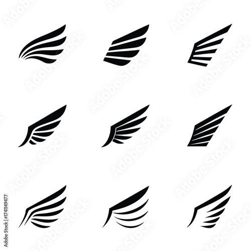 Nine Black Wing Icons on White Background wings collection