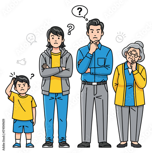 Family members of different ages standing together with question marks silhouette