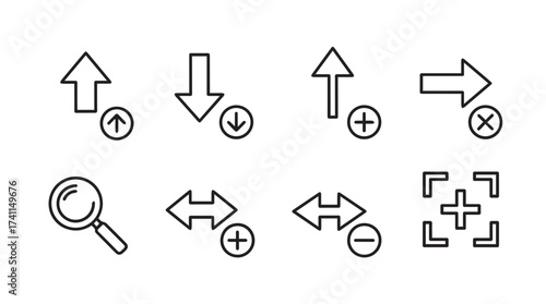 Collection of hand drawn ui arrow icons and magnifying glass symbols for digital interfaces vector