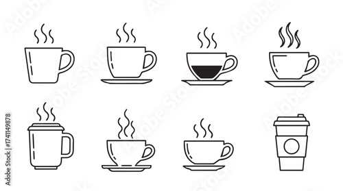 Collection of steaming coffee cups and mug icons for breakfast and cafe ambiance vector