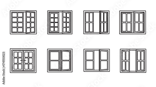 Set of eight diverse window designs architectural drafting symbols for building plans vector