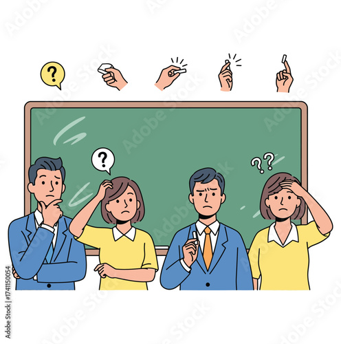 Confused students and teacher in front of a blackboard silhouette
