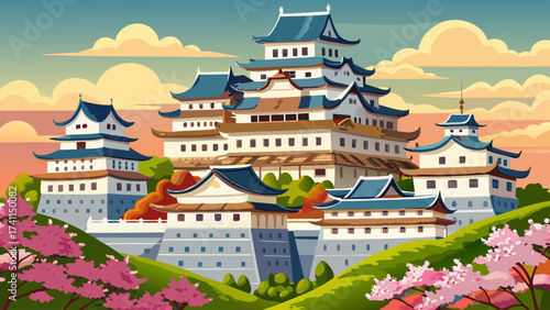 Himeji Castle in Japan, white fortress walls soaring above blossoming gardens, symmetrical tiers and tiled roofs, refined balance of cultural architecture translated into precise vector drawing.