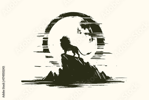Lion standing on cliff with moon ink brush sketch vector illustration