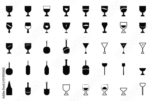 Black Silhouette Drink ware Vector Icon Set. Diverse Wine, Cocktail, Beer, and Alcohol Glass Shapes for UI Design.