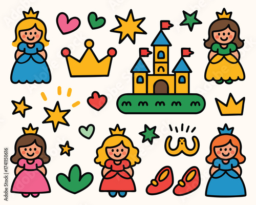 Cute princess castle vector illustration for kids fairytale design and magical kingdom themed graphics set