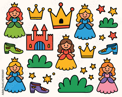 Cute princess castle crown stars shoes pattern vector illustration for kids and girls design 100char
