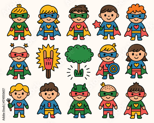 Cartoon superhero characters vector illustration cute superhero kids with capes and masks clip art design