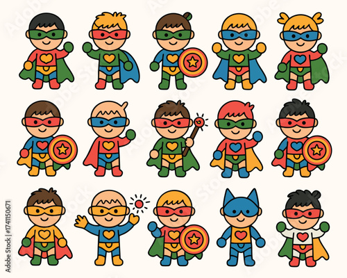 Superhero clip art vector illustration set of cute cartoon superheroes with capes and masks for kids