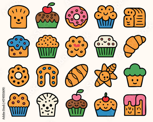 Cartoon bakery goods vector illustration featuring cupcakes donuts bread and other sweet treats