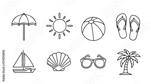 Summer beach icons collection set featuring sun umbrella ball flip flops boat shell sunglasses palm tree vector