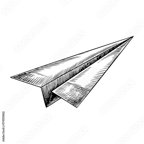 Paper airplane illustration in vintage monochrome hand drawn style