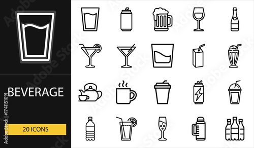 Thin line beverage icons set of 20 vector symbols including glass, coffee cup, beer, wine, juice, tea, bottle, and soft drink design