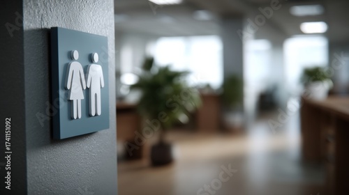 Unisex restroom sign in modern office corridor with blurred workstations and plants creating calm atmosphere