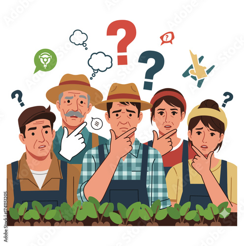 Farmers pondering questions and solutions silhouette