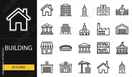 Thin line building icons set of 20 vector symbols including house, skyscraper, bank, school, church, factory, and architecture structures
