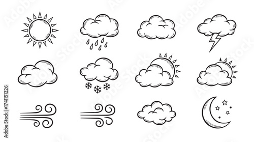 Collection of hand drawn weather icons showing sun clouds rain snow wind and moon celestial bodies vector