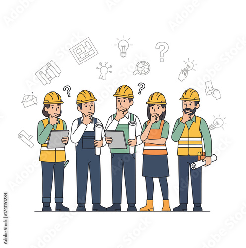 Diverse group of construction workers in silhouette standing together silhouette