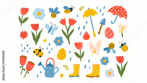 A playful spring-themed illustration with scattered seasonal elements on a light background.